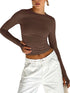 Women’s Long Sleeve Crew Neck Crop Top with Thumb Holes Slim Fit Solid Knit T-Shirt for Summer Streetwear and Casual Outfits